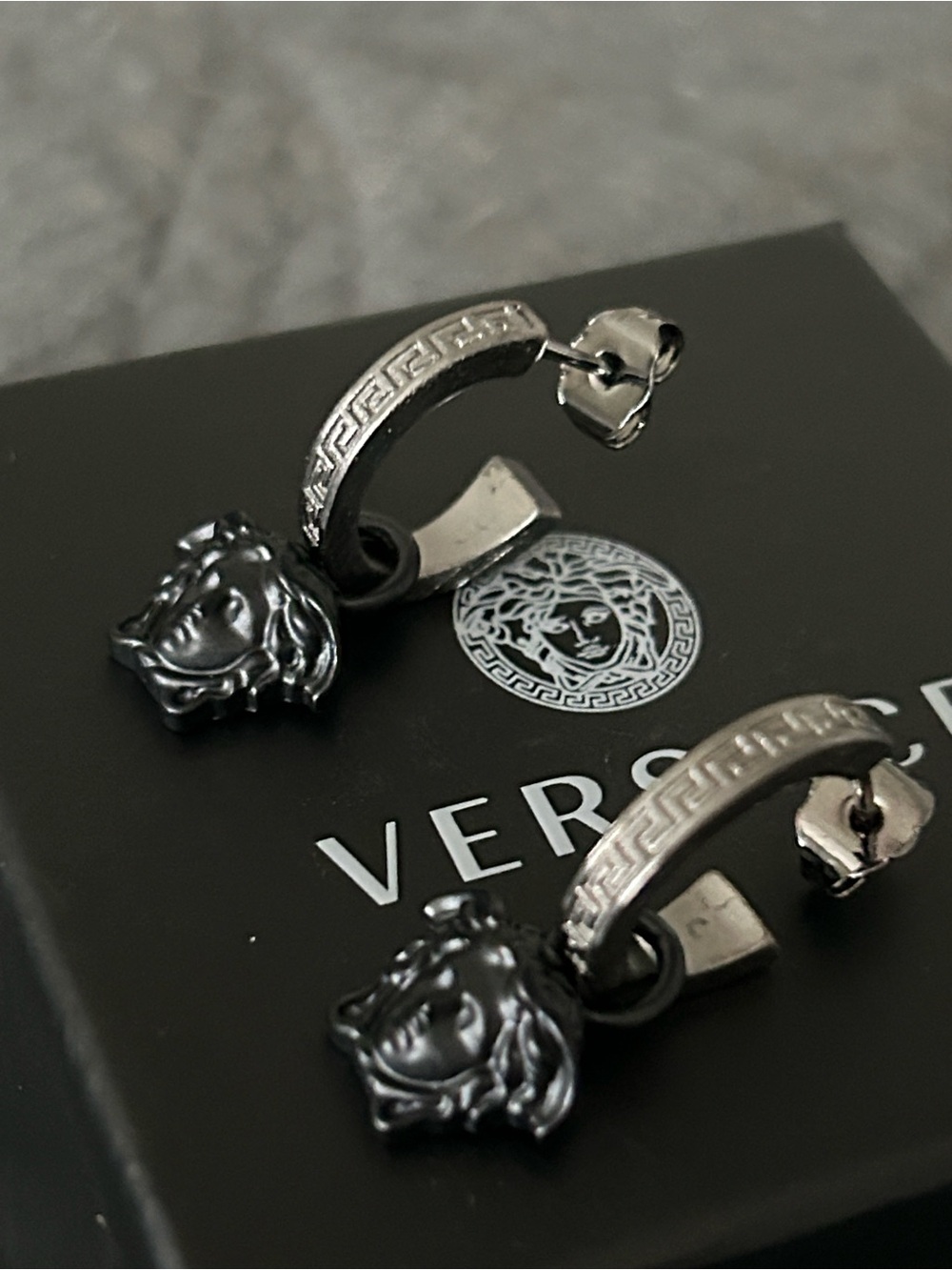Versace Medusa Greca Drop Hoop Earrings